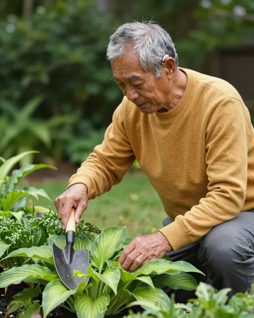 Older man with a hearing aid gardens with a trowel among hosta plants in a shady yard