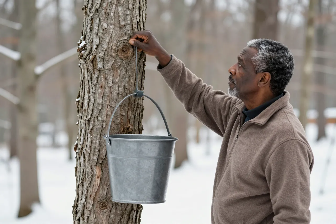 Senior Black man in a fleece jacket hangs a metal sap bucket on a maple trunk in a snowy winter wood.