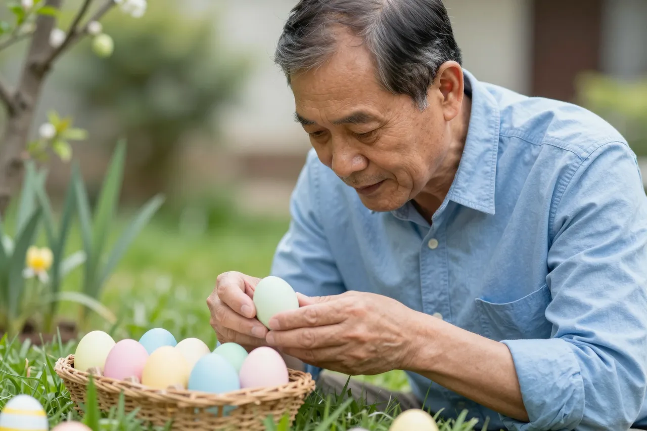 Older Southeast Asian man holding a pastel Easter egg next to a wicker basket of eggs in a spring garden