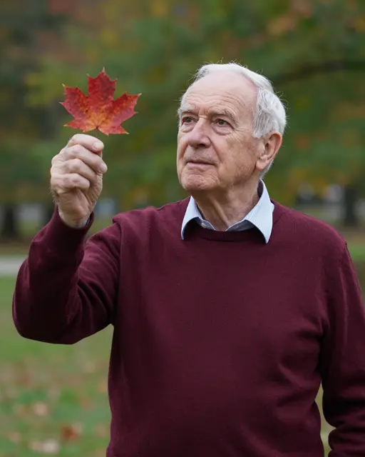 An elderly man in a burgundy sweater looks at a red maple leaf he holds up in a park