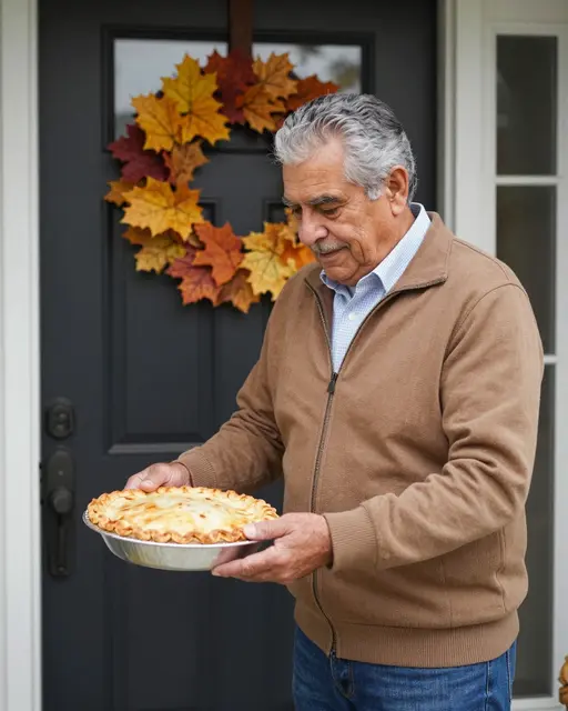 Older Latino man stands on a porch holding a freshly baked pie in front of a door with an autumn leaf wreath.