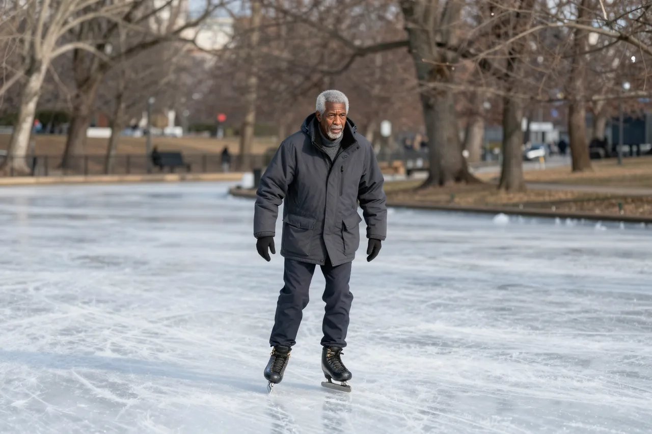 An older Black man in a winter parka ice skates on a frozen park pond lined with bare winter trees.