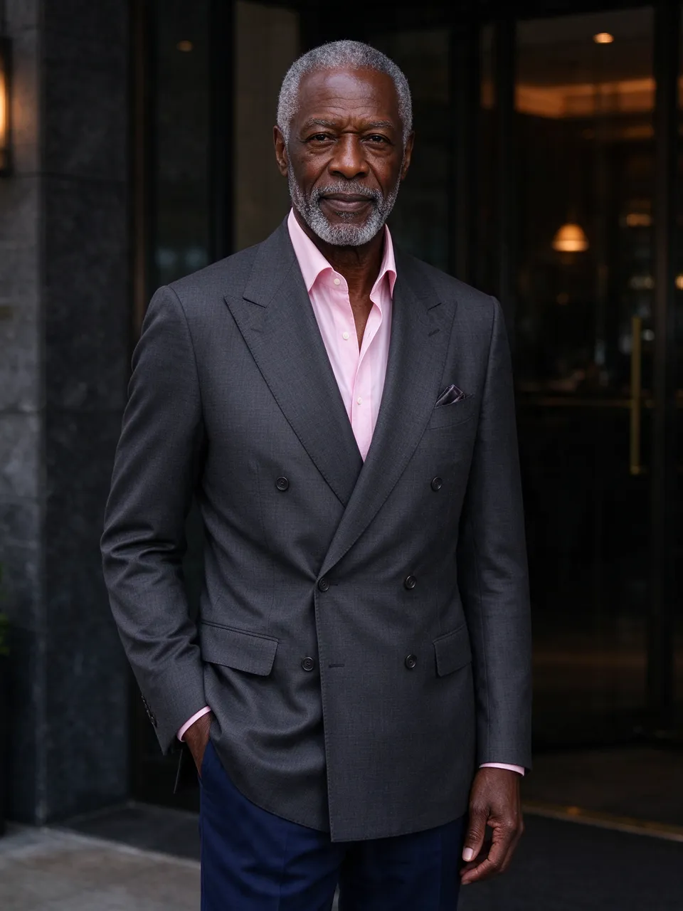 A Black man in his sixties stands wearing a charcoal blazer, pink shirt and navy trousers outside a building entrance.