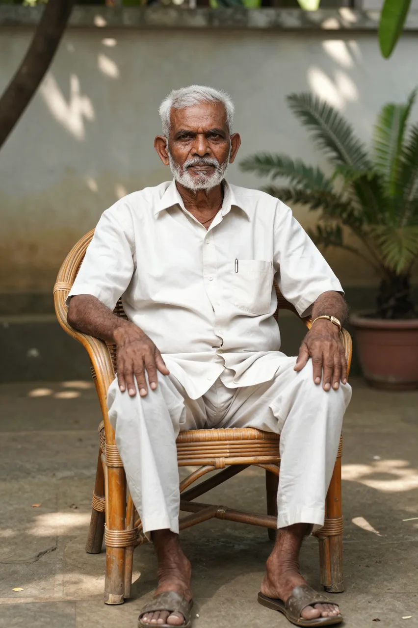 Elderly South Asian man in light clothing sits in a rattan chair in a shaded walled garden