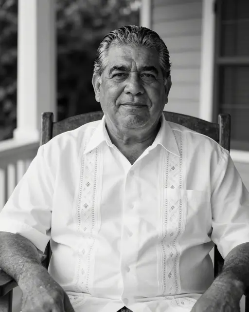 Black and white portrait of an older Latino man in a white guayabera sitting in a wooden porch chair