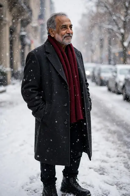 A senior South Asian man stands with hands in coat pockets as snow falls on an urban winter street.