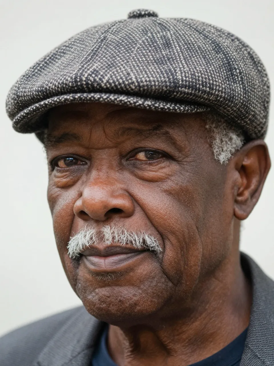 Close-up portrait of an elderly Black man with a white mustache wearing a tweed flat cap, lit by soft side light.