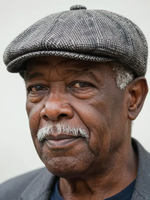 Close-up portrait of an elderly Black man with a white mustache wearing a tweed flat cap, lit by soft side light.