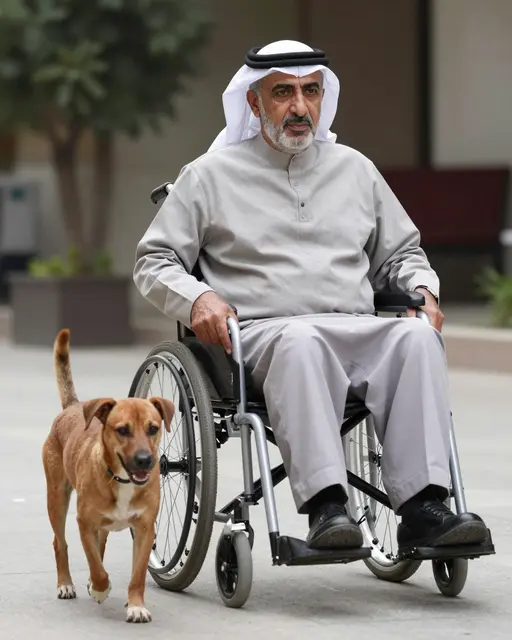 Older Middle Eastern man in a wheelchair sits outdoors as a brown dog walks beside him.