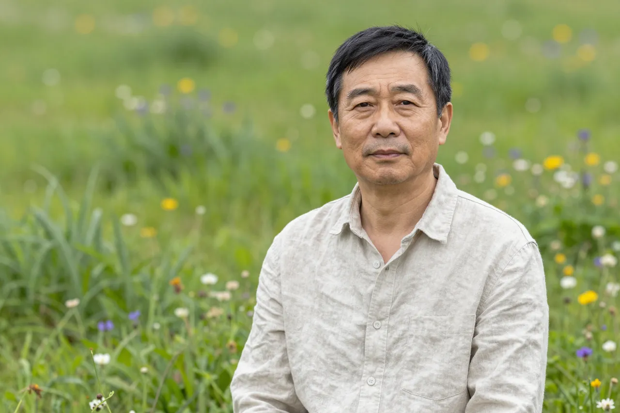 Portrait of a sixtysomething East Asian man in a linen shirt sitting in a spring wildflower meadow