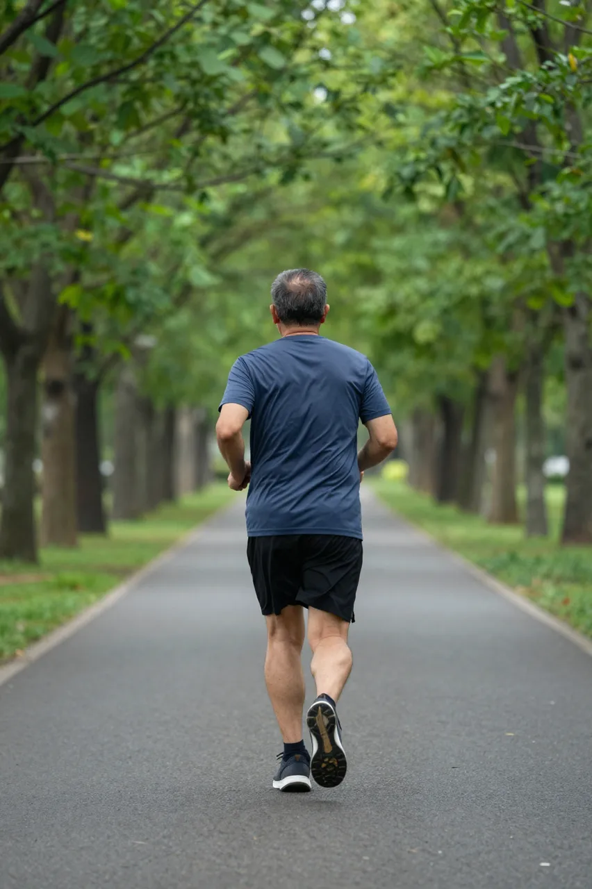 Back view of a senior Southeast Asian man jogging down a tree lined paved park path