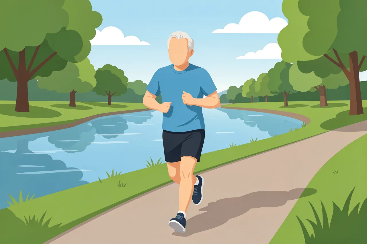 Faceless senior man jogs along a paved riverside path on a bright fresh morning surrounded by green trees