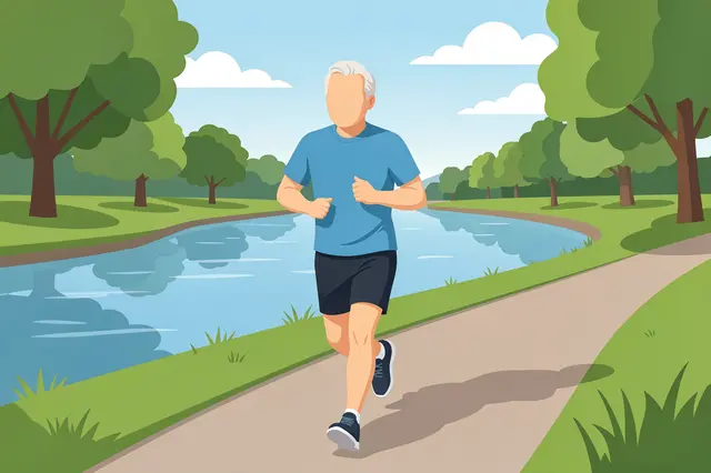 Faceless senior man jogs along a paved riverside path on a bright fresh morning surrounded by green trees