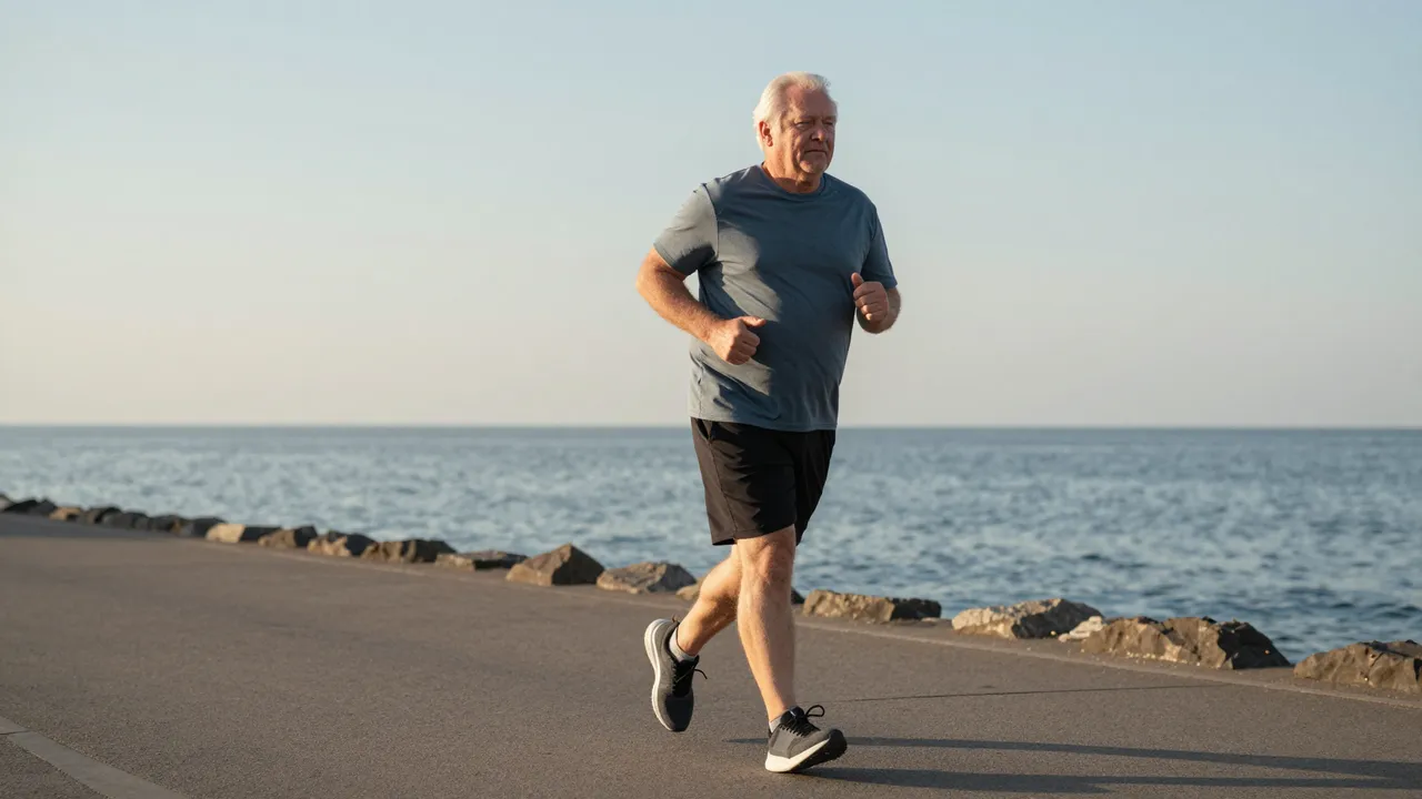 Heavyset older man jogging slowly along a paved seaside promenade at pale dawn