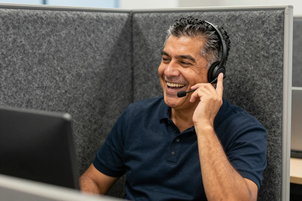 Smiling sixtysomething Latino man wears a headset while taking a call in a felt lined office booth
