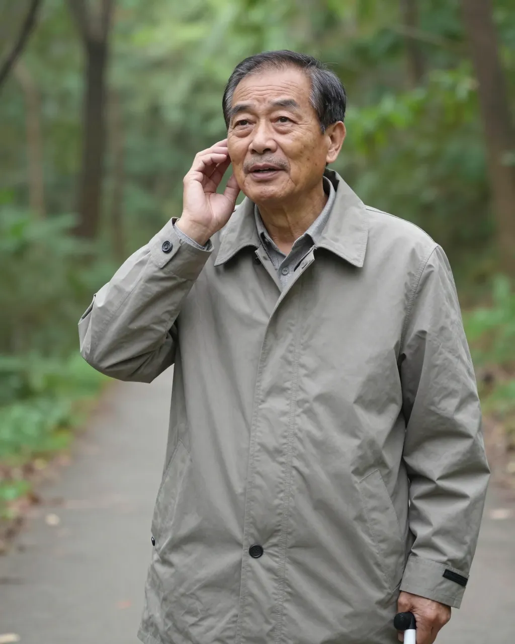 An older Southeast Asian man holds a white cane and cups his hand to his ear while standing on a forest path