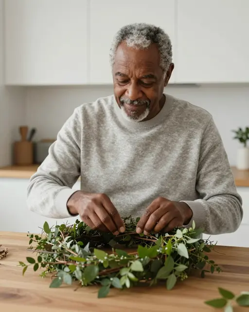 A mixed-race man in his seventies works on a foraged green wreath at a wooden kitchen table