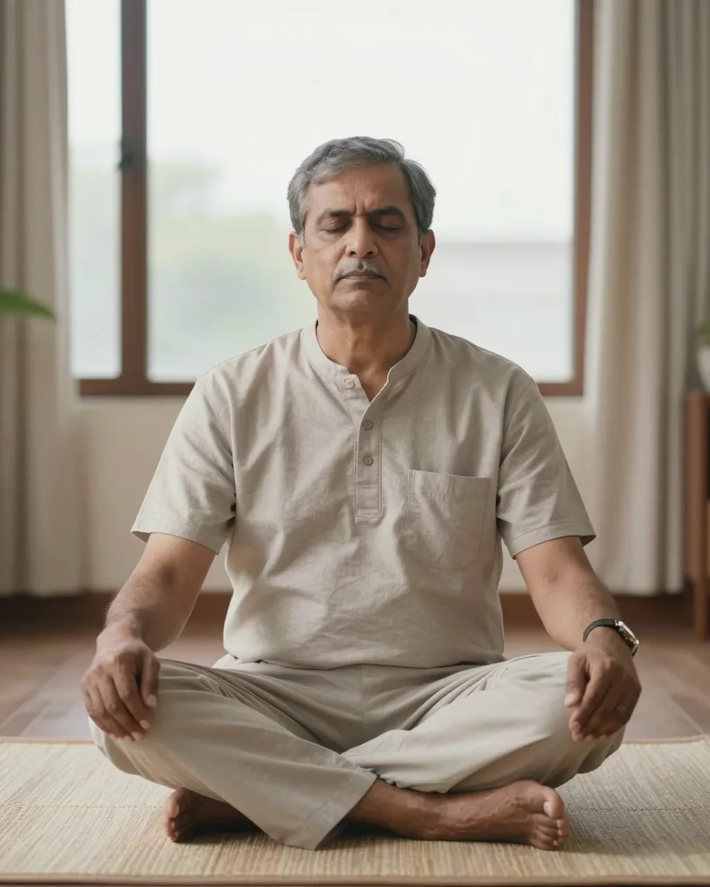 A South Asian man in his sixties sits cross-legged on a woven rug with eyes closed practicing breathing exercise by a sunlit