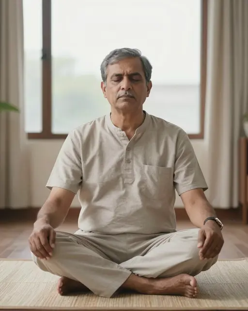 A South Asian man in his sixties sits cross-legged on a woven rug with eyes closed practicing breathing exercise by a sunlit