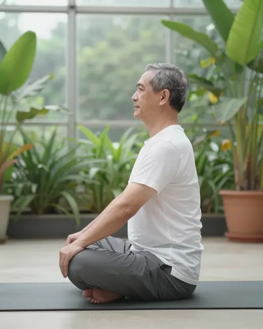 Side view of a Southeast Asian man in his sixties seated cross-legged on a yoga mat in a bright plant-filled conservatory