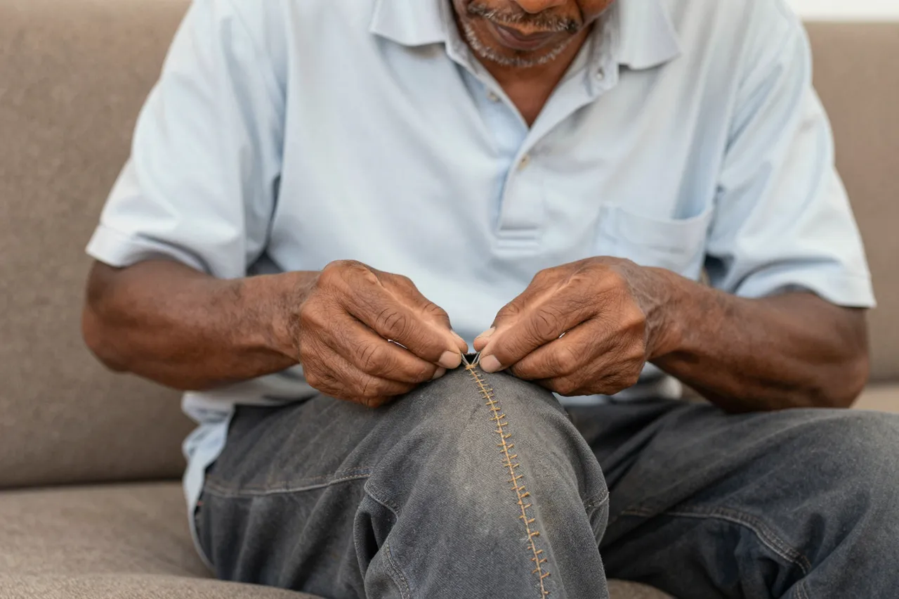 Older Pacific Islander man sewing a stitch into worn denim work trousers while seated on a sofa