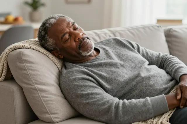 Older Black man in his sixties rests asleep on a light gray sofa draped with a knit throw, bathed in soft warm light.