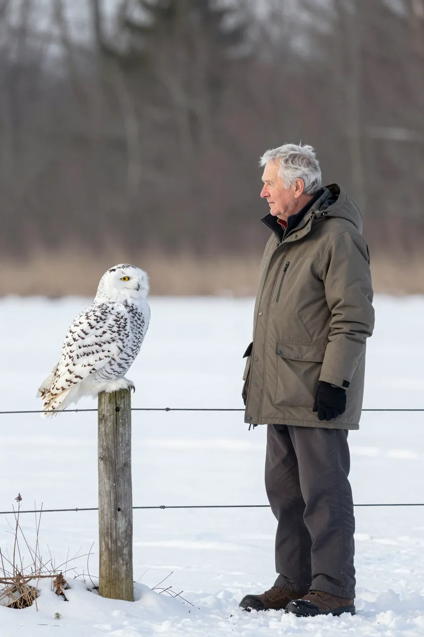An elderly man in a winter parka stands face to face with a snowy owl perched on a fence post in a snowy field.