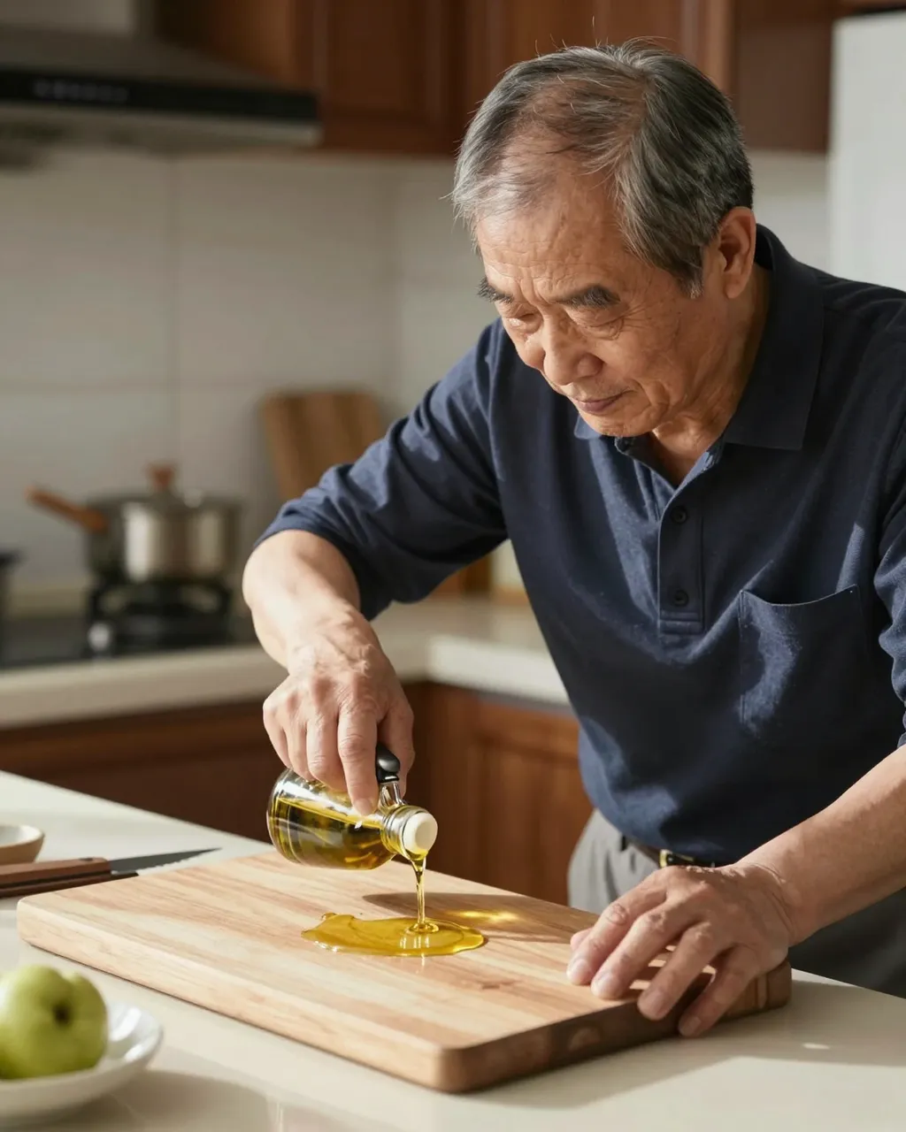 An older East Asian man pours oil onto a wooden cutting board in a sunlit home kitchen