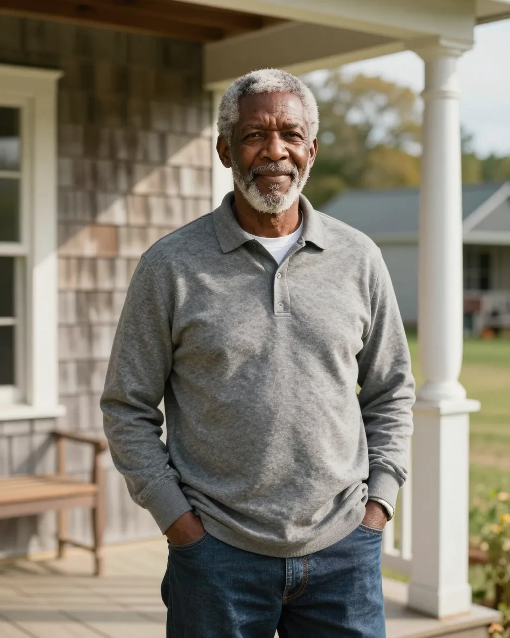Older Black man with gray hair stands with hands in pockets on a home porch in warm late afternoon light