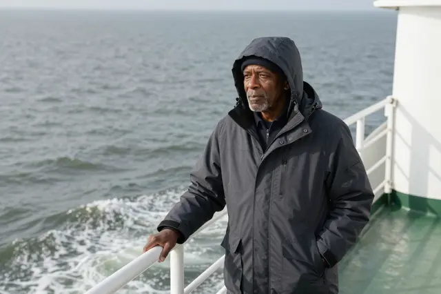 An older Black man in a hooded parka stands on a ferry deck overlooking a choppy gray sea.