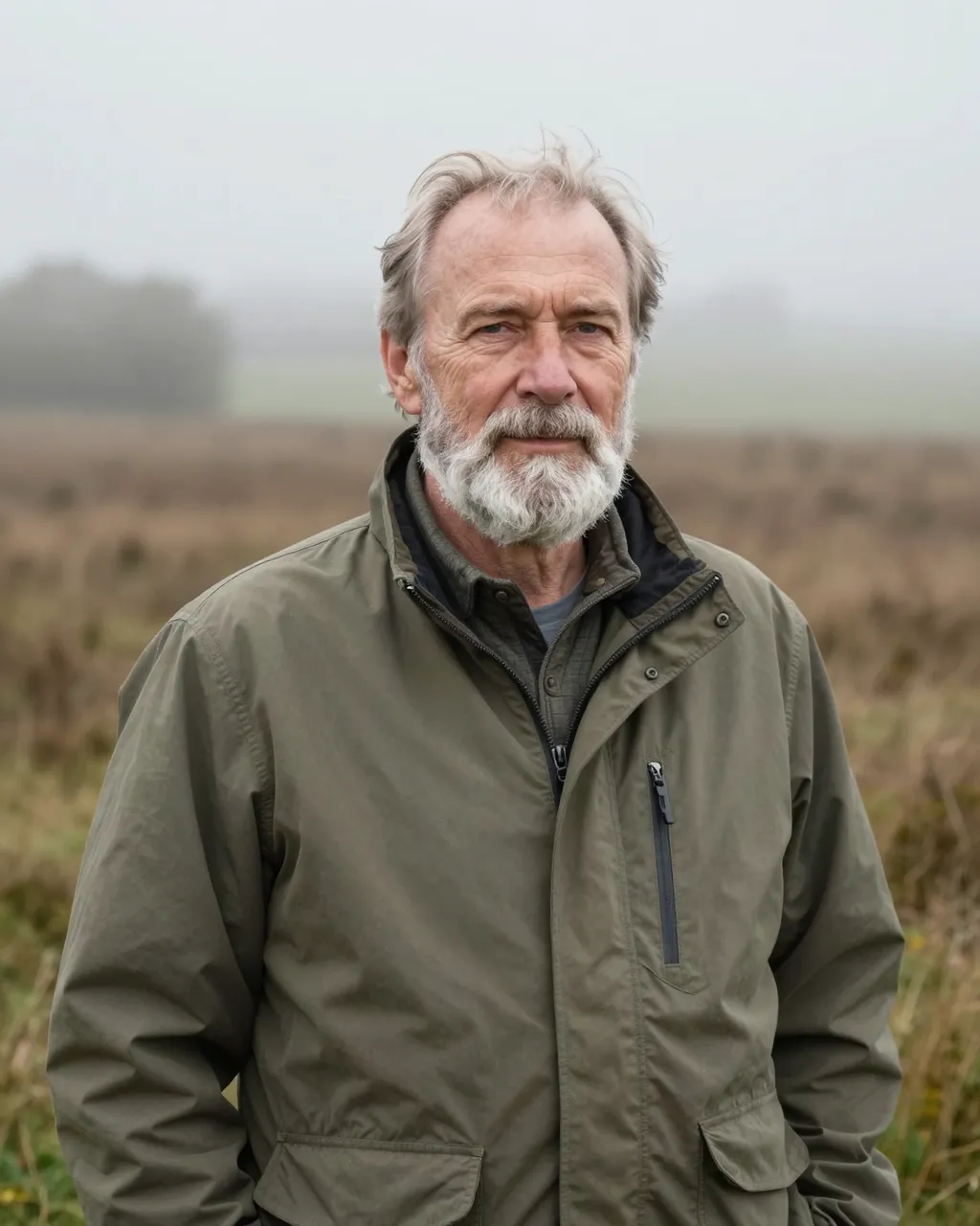 Older man with a white beard in an olive jacket stands in a misty autumn moor landscape