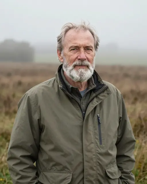 Older man with a white beard in an olive jacket stands in a misty autumn moor landscape