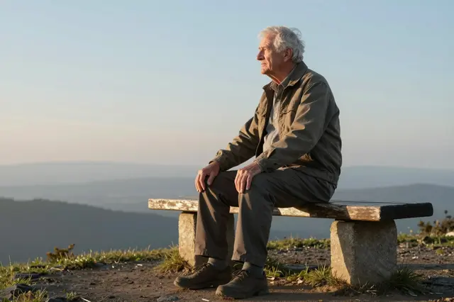 Side view of an older man in his seventies sitting on a hilltop bench at sunrise overlooking distant hills