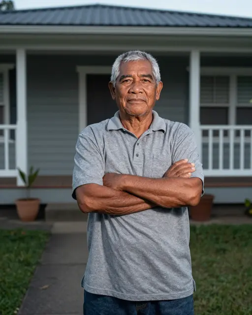 A senior Pacific Islander man with crossed arms stands in front of a suburban house during soft evening light.