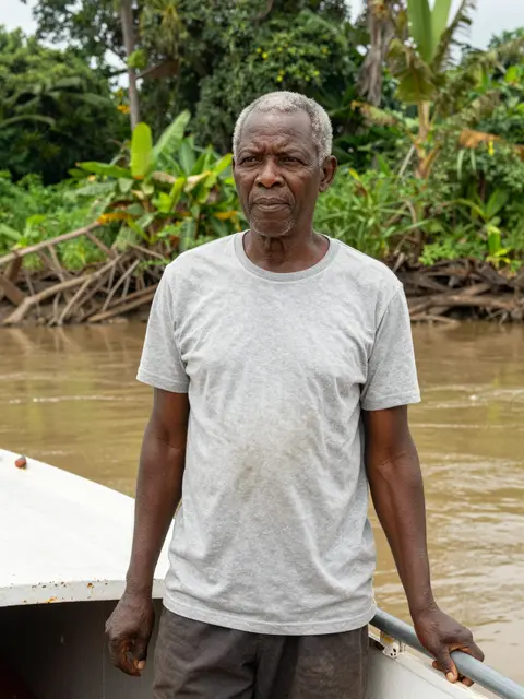 Older Black man in a gray t-shirt stands at a riverboat rail beside muddy jungle riverbanks