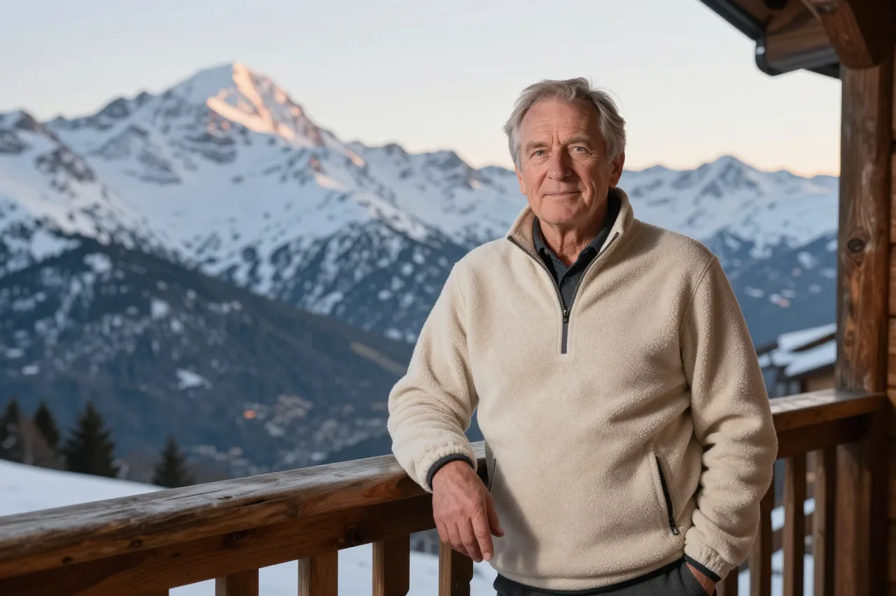 Older man in a cream fleece stands on a wooden mountain hut balcony with snow-covered peaks at dusk behind him