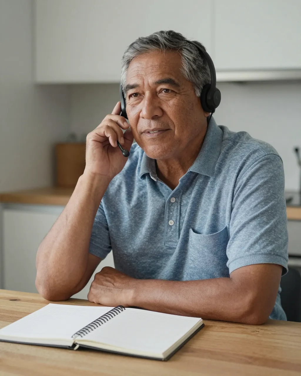 Middle aged Indigenous man wearing a headset sits at a wooden kitchen table with an open notebook during a call