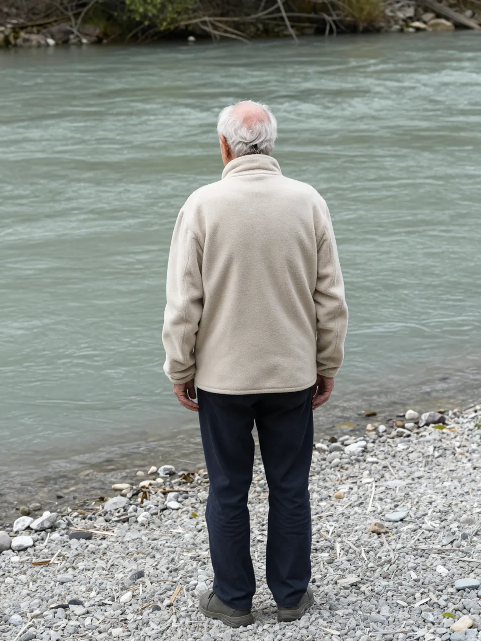 Back view of an elderly man in a fleece jacket standing on a gravel river bank looking out at the water
