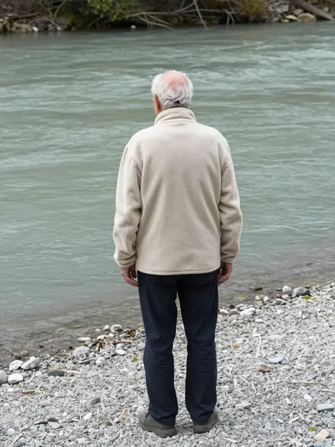 Back view of an elderly man in a fleece jacket standing on a gravel river bank looking out at the water