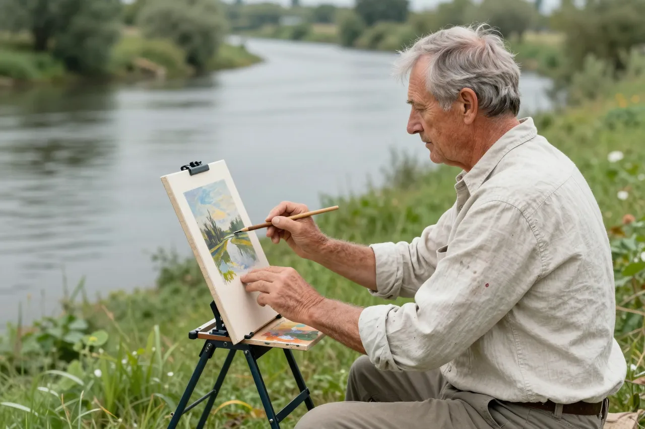 Older male artist paints a river scene at a portable easel on a grassy riverbank