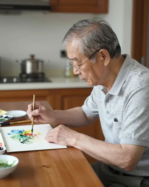 Elderly East Asian man paints with watercolors at a wooden kitchen table in side view.