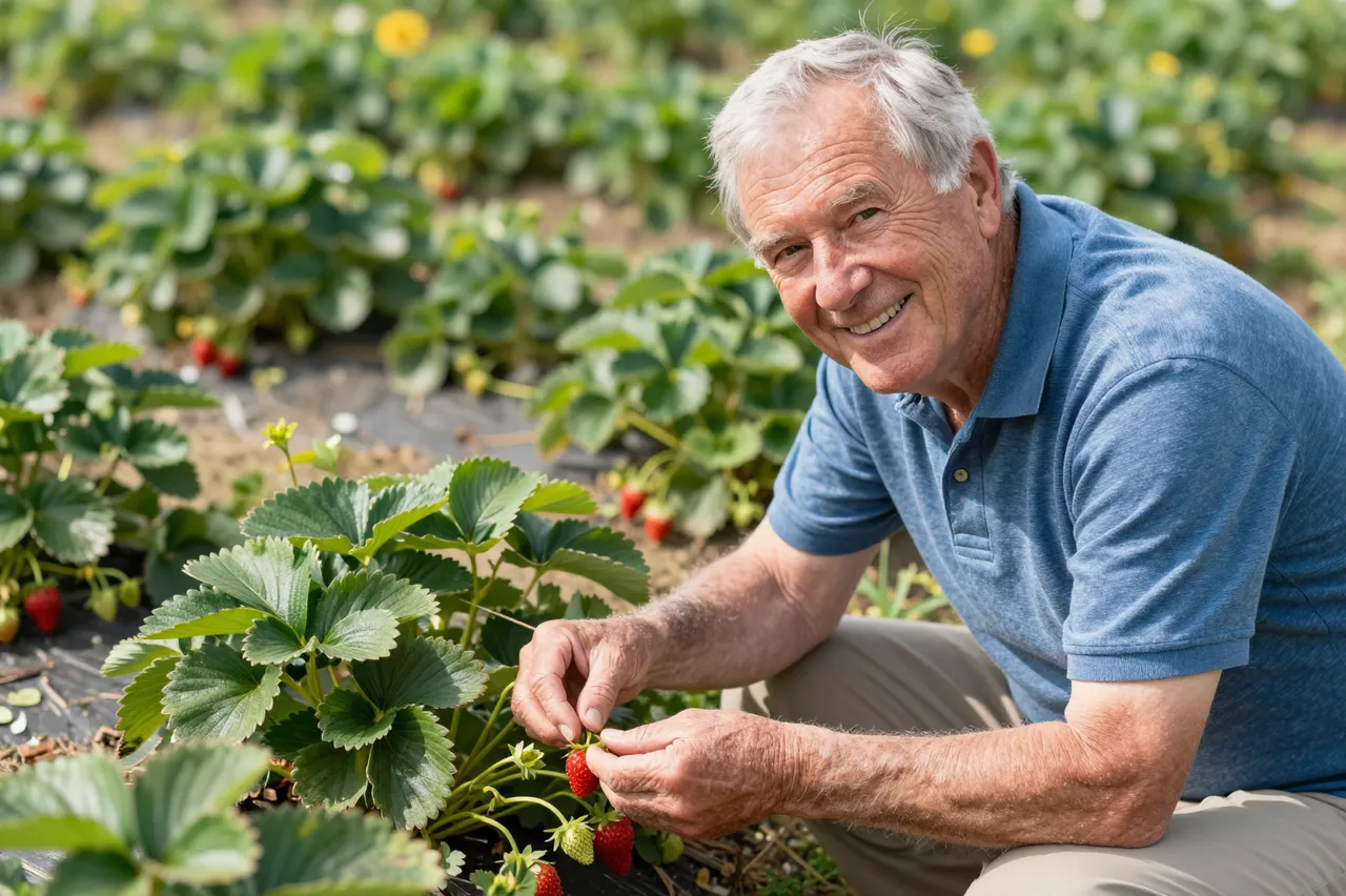 Smiling senior man crouches to pick ripe strawberries from a sunny garden bed
