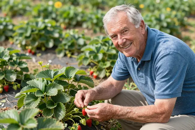 Smiling senior man crouches to pick ripe strawberries from a sunny garden bed