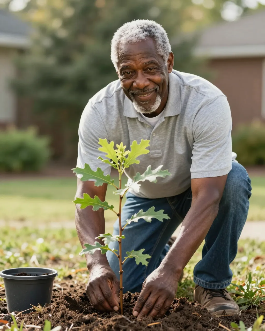 Smiling older Black man kneels to plant a young oak sapling in his front yard soil.