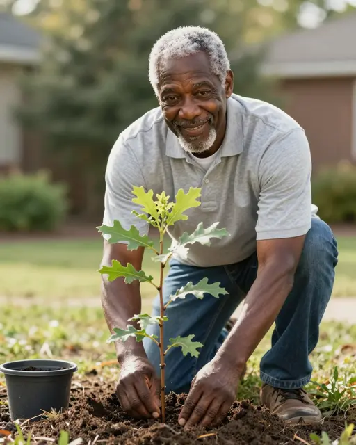 Smiling older Black man kneels to plant a young oak sapling in his front yard soil.