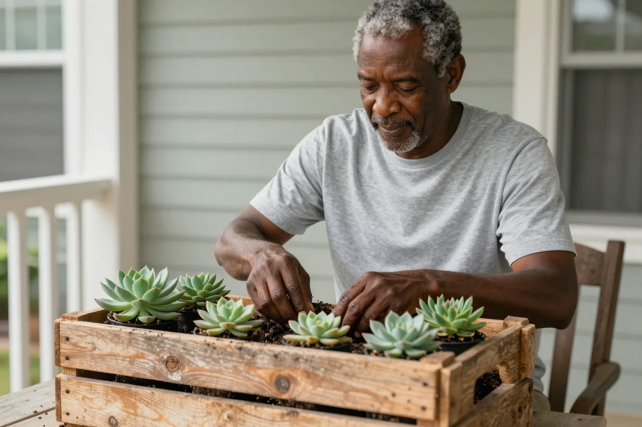 Older Black man in a gray t-shirt tends to succulents in a wooden crate on a sunny porch