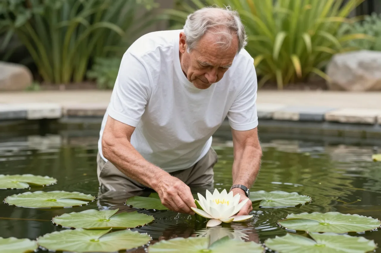 Older man in a white t-shirt wades in a backyard pond adjusting a blooming white water lily