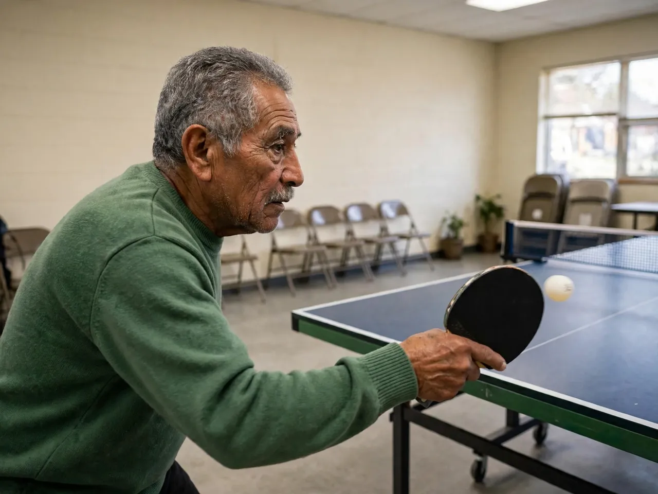 Side view of an older Latino man in a green sweater hitting a ping pong ball at a community center table