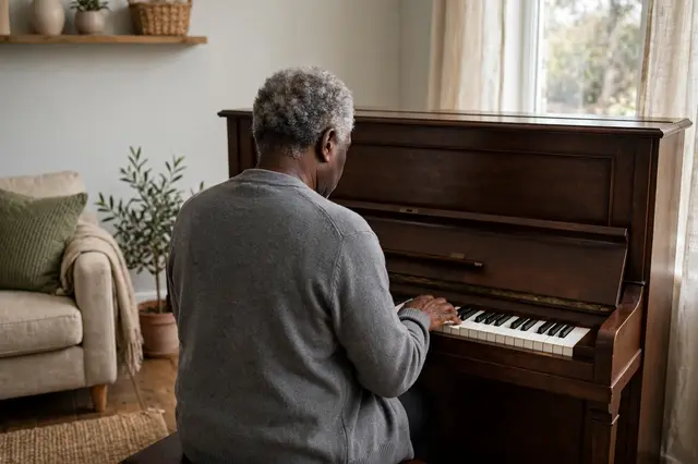 Rear view of an older Black man in a gray cardigan playing an upright piano in a sunlit home living room