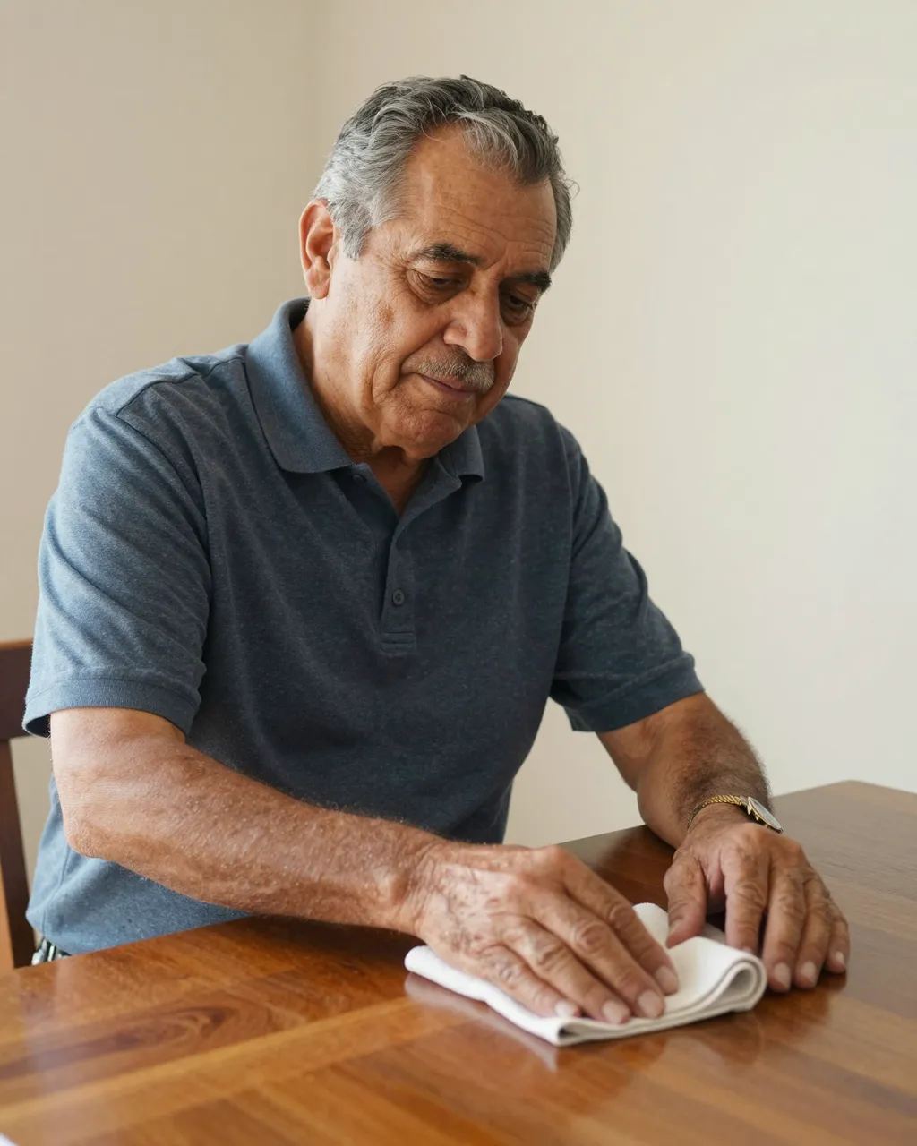 Older Latino man in a blue polo wipes a wooden dining table with a soft white cloth in warm afternoon indoor light